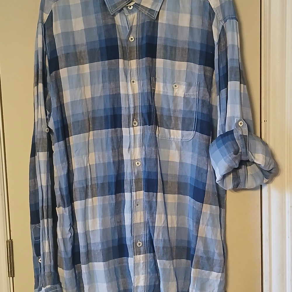 Bugatchi Linen Blue Checkered Plaid Men's Shirt XL, Casual Tab Sleeve Coastal